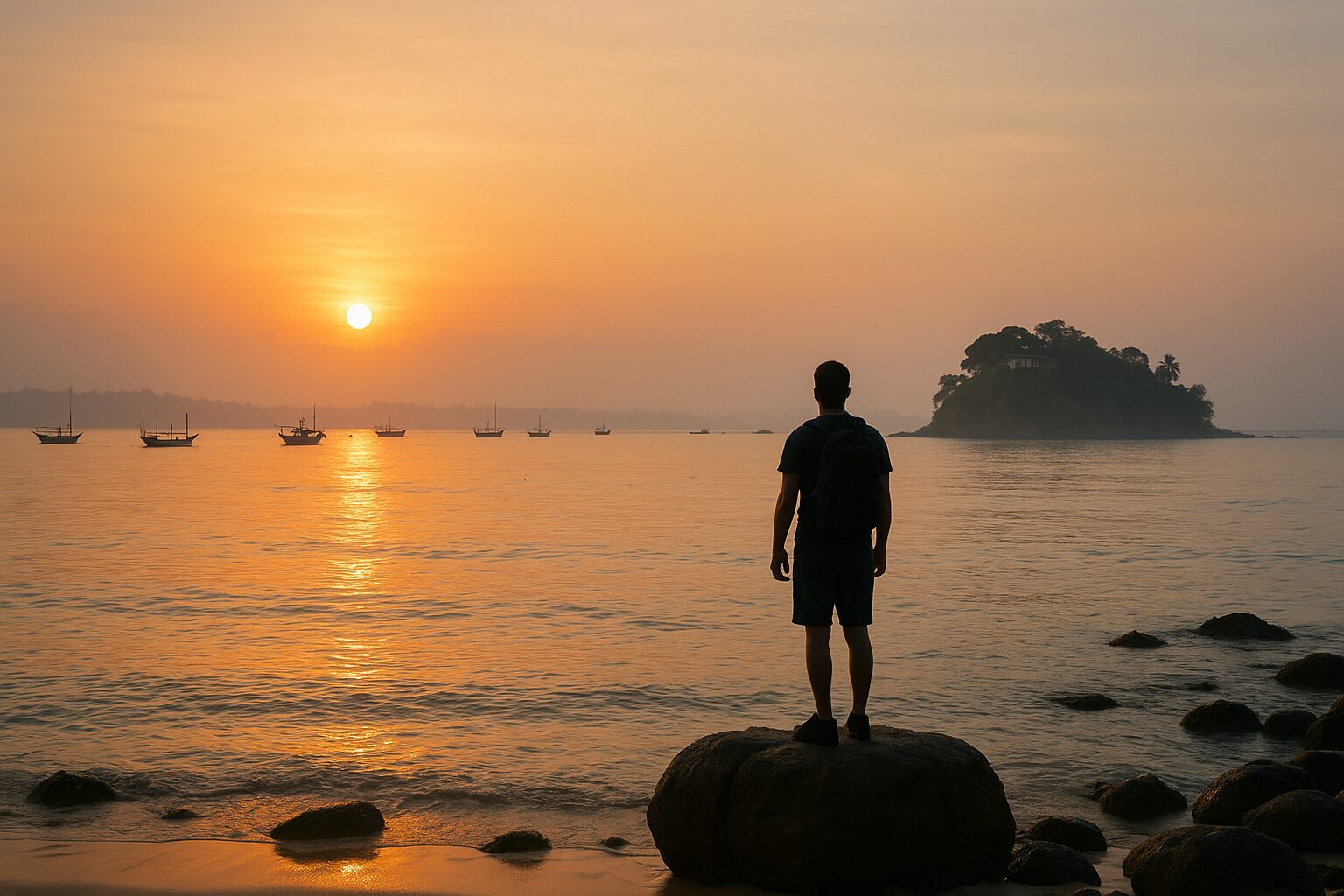 Traveler watching sunrise over Taprobane Island at Weligama Bay Sri Lanka — hidden corners and reflections in Weligama travel guide.