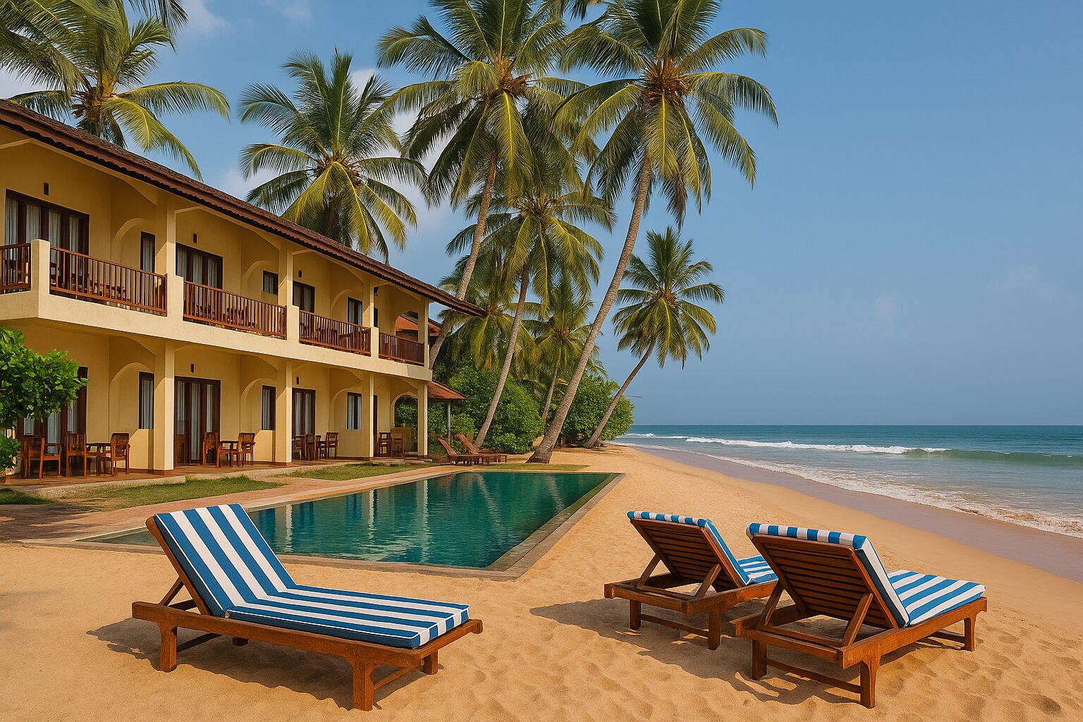 Fisherman’s Bay Hotel on Weligama Beach with fishing boats and palm-lined coast, showcasing warm hospitality among Weligama hotels.