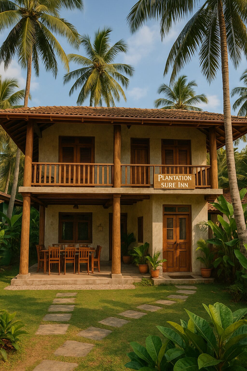 Cozy Plantation Surf Inn guesthouse surrounded by palm trees and tropical gardens, reflecting authentic local stays and budget hotels in Weligama Sri Lanka.