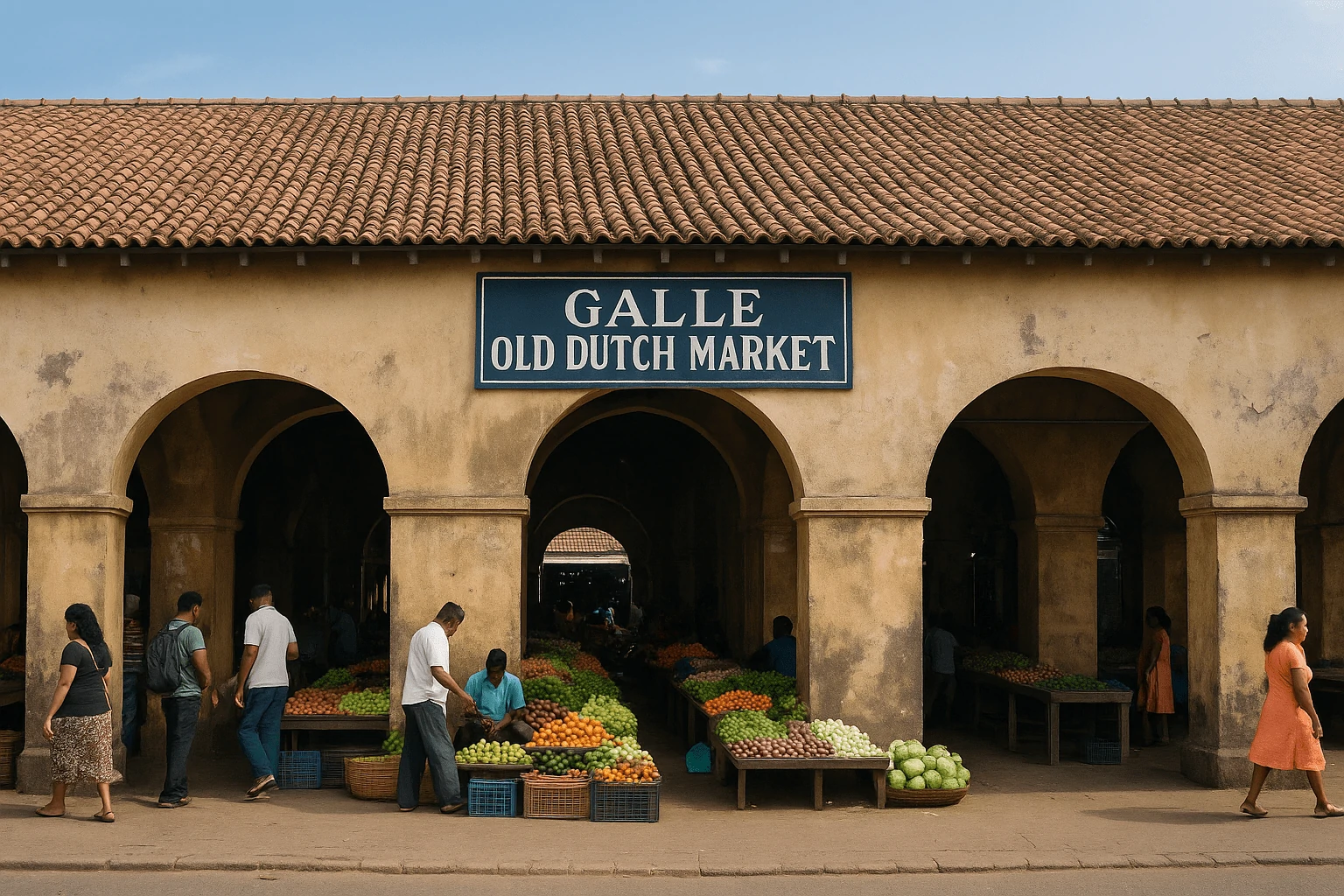 Exterior view of Galle Old Dutch Market in Sri Lanka, featuring arched colonial architecture, fruit and vegetable stalls, and local vendors engaging with customers under a warm tropical sky.