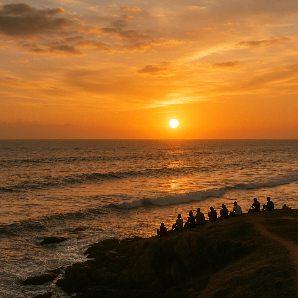 Sunset view from Galle Fort ramparts Sri Lanka with people watching the sun over the Indian Ocean — best sunset point in Galle, Sri Lanka travel photography, scenic coastal view.