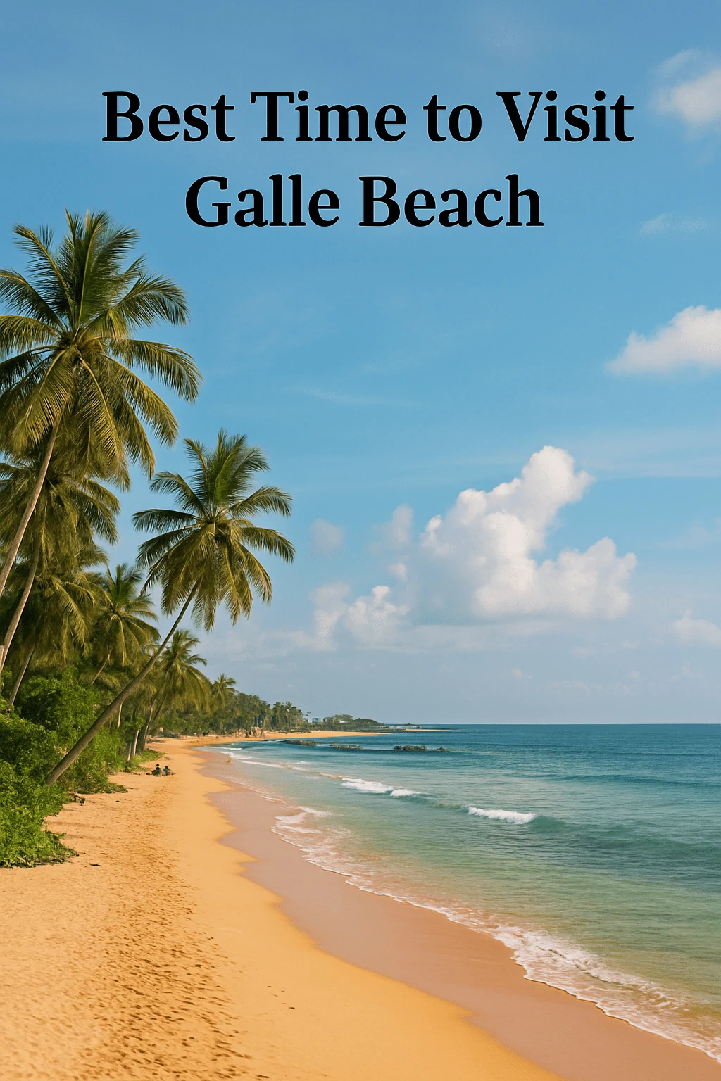 Peaceful golden-hour view of Galle Beach Sri Lanka with calm turquoise water, golden sand, and palm trees swaying under soft sunlight, showing the ideal time to visit.