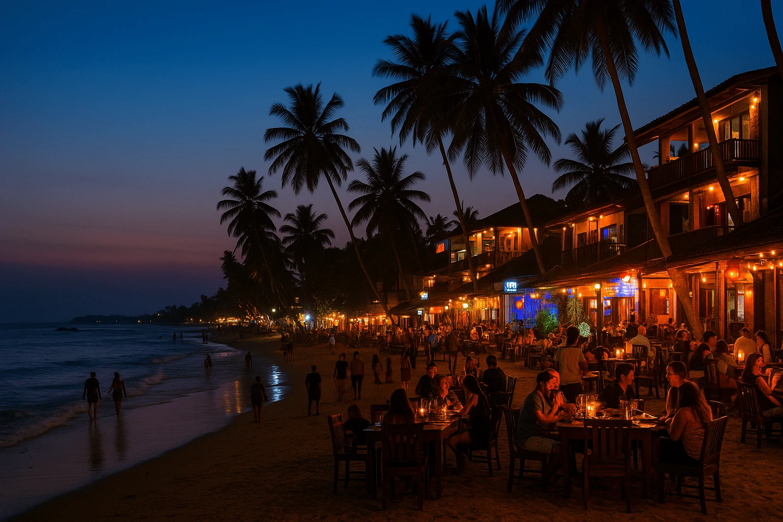 Lively nightlife around Galle Beach Sri Lanka with beachfront restaurants and bars glowing under palm trees at twilight, people dining and walking along the shoreline under a colorful sky.