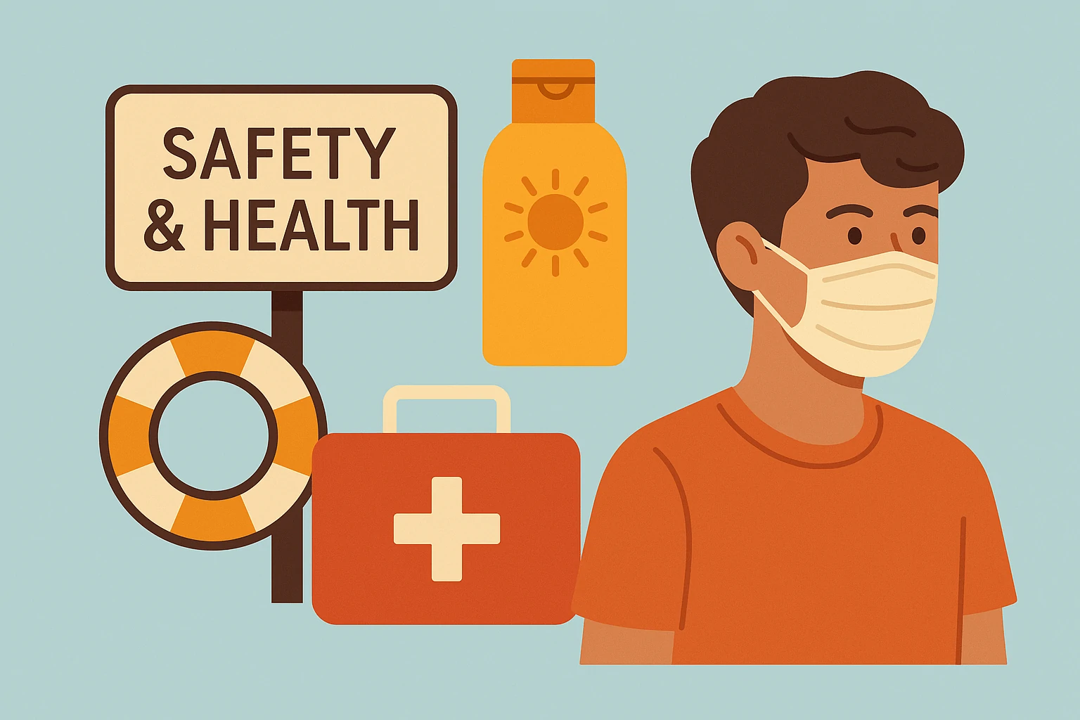 Illustration representing travel safety and health at Galle Beach Sri Lanka, showing a person wearing a face mask, a lifebuoy, sunscreen bottle, and first aid kit in warm tropical tones.