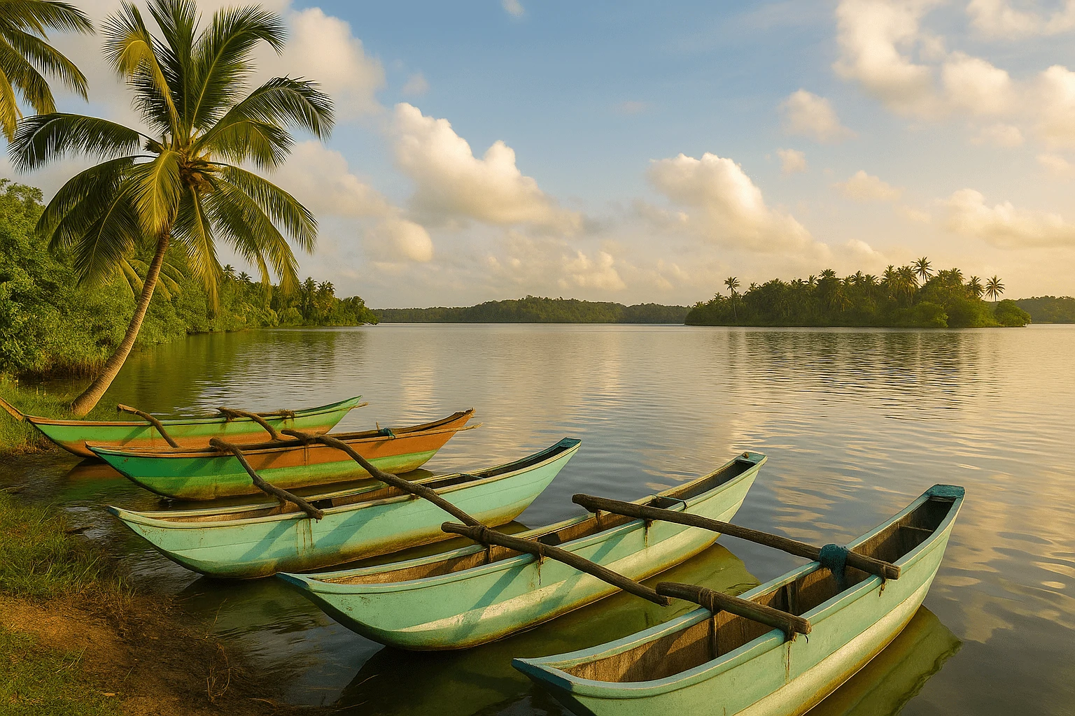 Peaceful view of Koggala Lake near Galle Sri Lanka with traditional wooden boats resting on calm water, surrounded by palm trees and golden morning light reflecting on the lake.