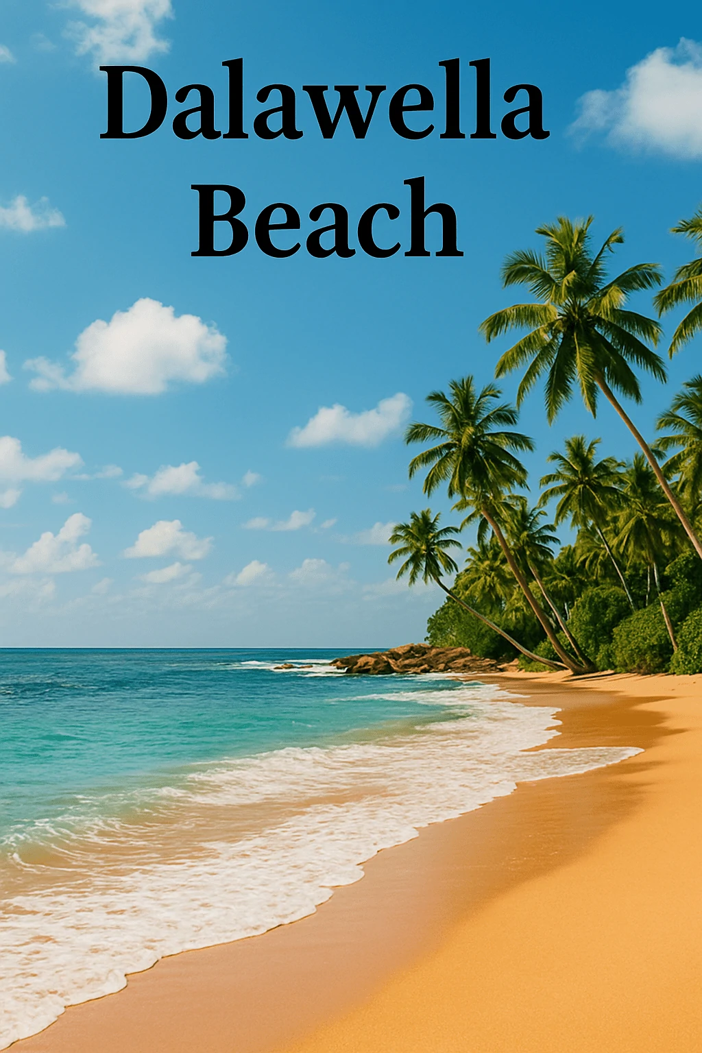 Bright tropical view of Dalawella Beach Sri Lanka with golden sand, turquoise water, leaning palm trees, and the iconic rope swing under a clear blue sky.