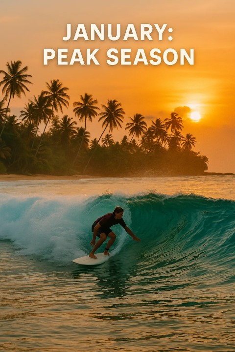 Surfer riding a turquoise reef wave in Hikkaduwa, Sri Lanka during January peak surf season, with golden sunset and palm trees in the background.