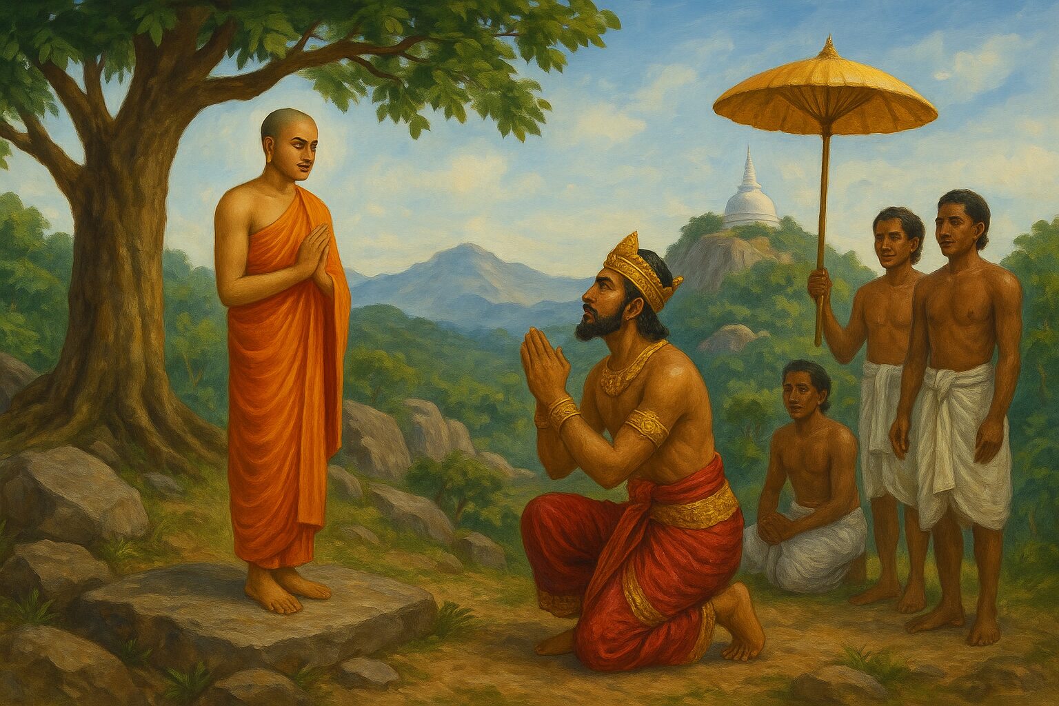 Illustration of Arahant Mahinda meeting King Devanampiyatissa at Mihintale, depicting the historic moment when Buddhism was introduced to Sri Lanka.