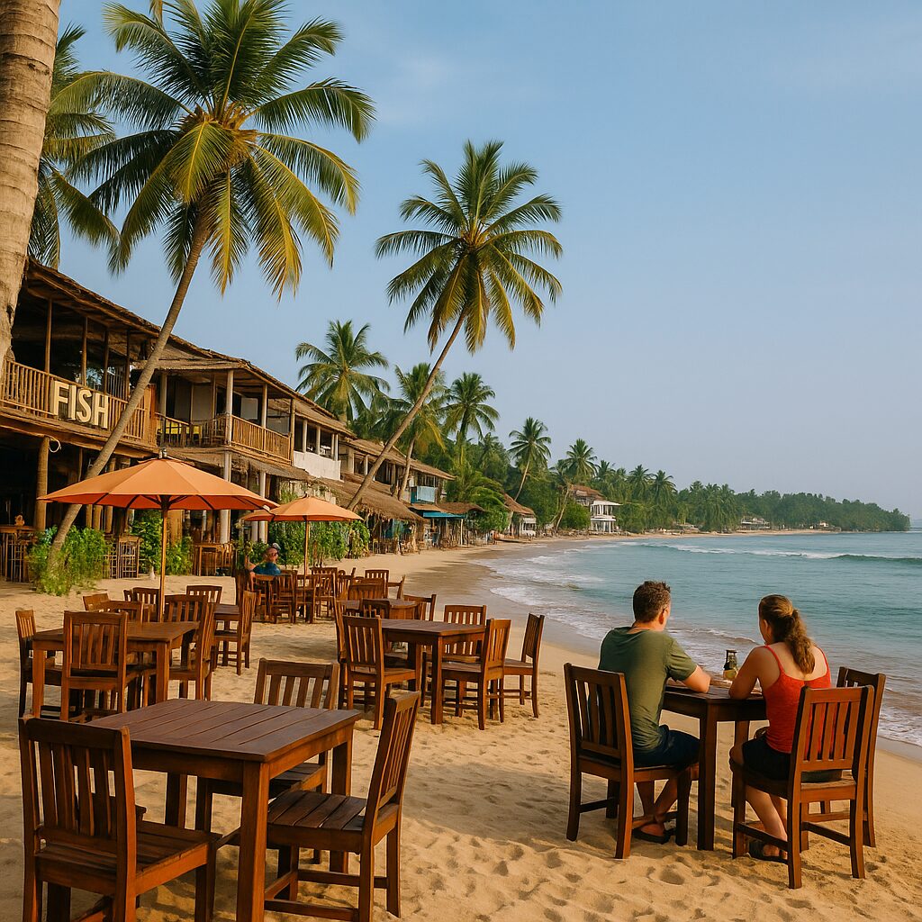 Evening view of restaurants in Weligama Sri Lanka, people dining under string lights beside the beach, showing the charm and warmth of the Weligama food scene.