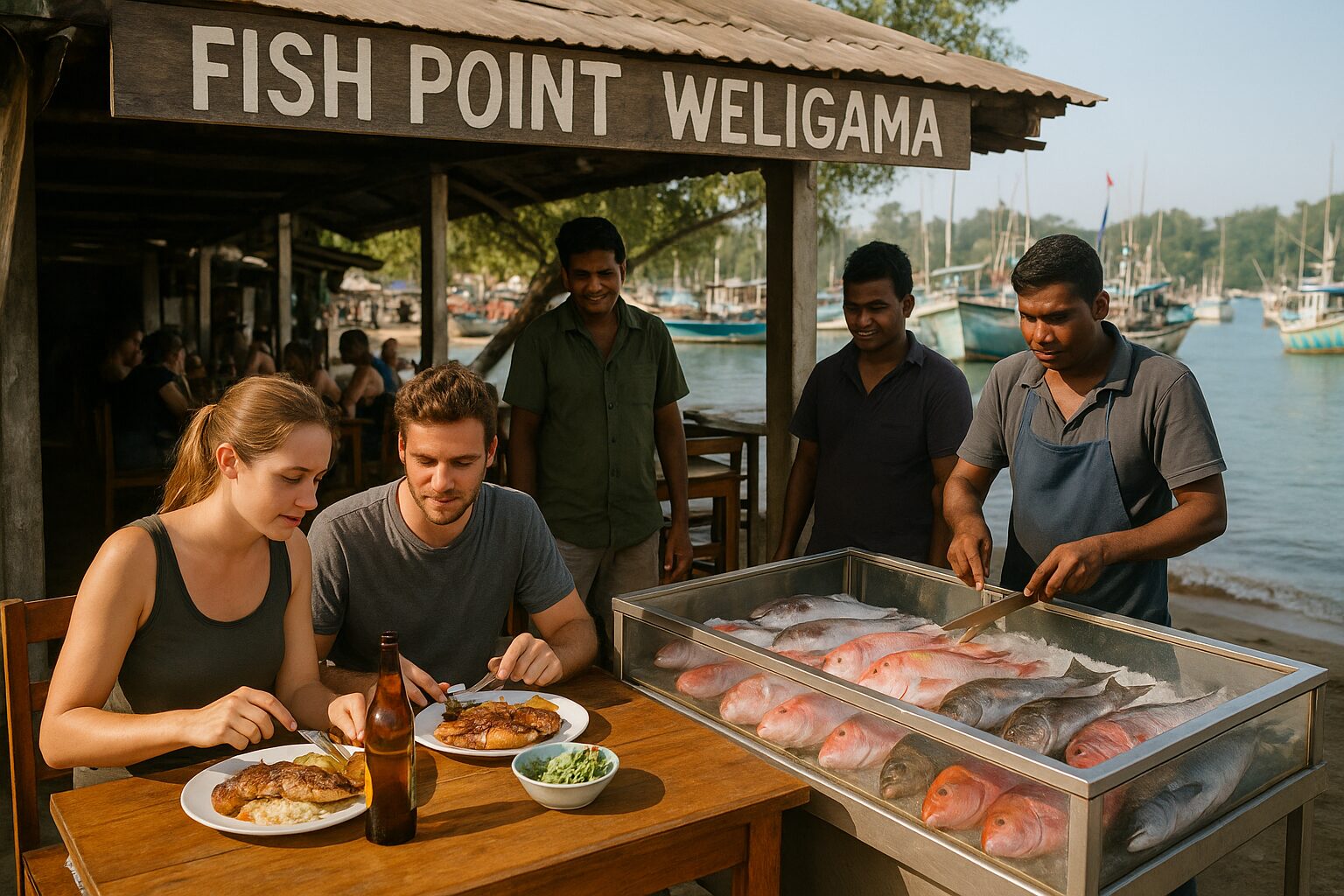Realistic photo of Fish Point seafood restaurant in Weligama harbor, diners eating grilled fish and prawns with fishing boats nearby — authentic harbor-side restaurants in Weligama.