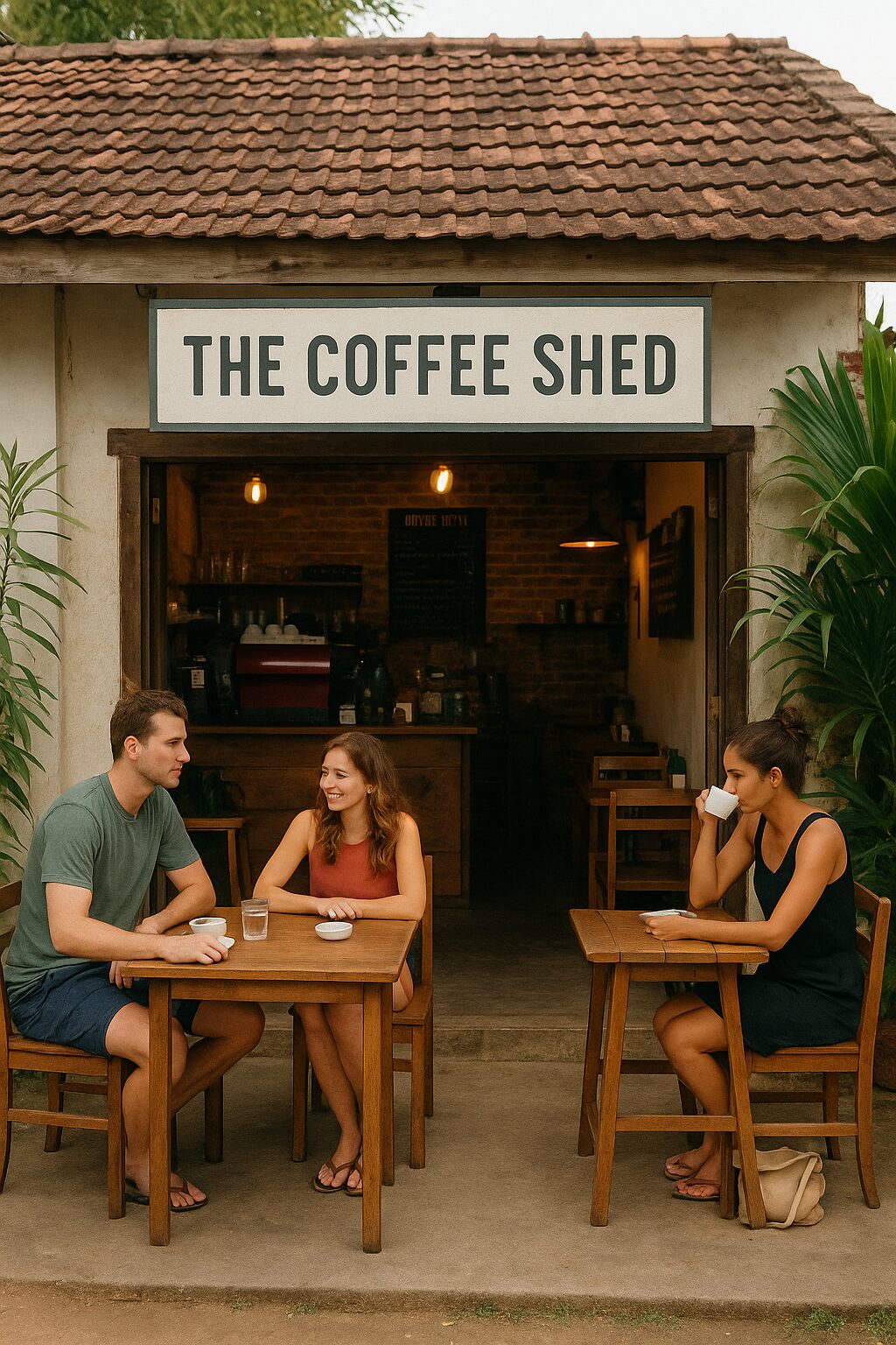Realistic photo of The Coffee Shed café in Weligama Sri Lanka, travelers enjoying espresso and pastries in a cozy tropical setting — part of Weligama cafés and morning dining culture.