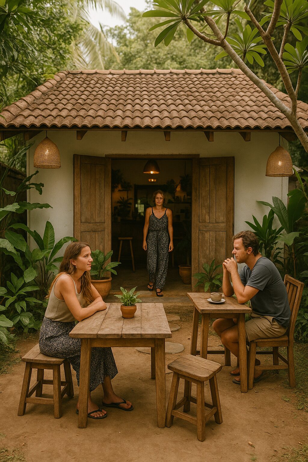 Realistic image of The Kip Café in Weligama Sri Lanka, wooden tables surrounded by greenery, guests enjoying breakfast — peaceful hideaway among Weligama cafés and restaurants.