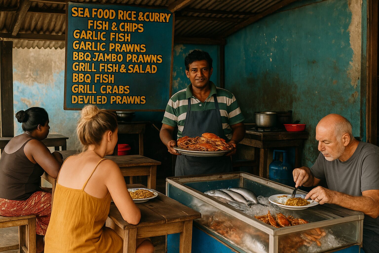 Realistic image of Jayantha’s Seafood Shack in Weligama Sri Lanka, chef serving grilled crab and prawns to travelers — authentic seafood restaurants in Weligama by the beach.