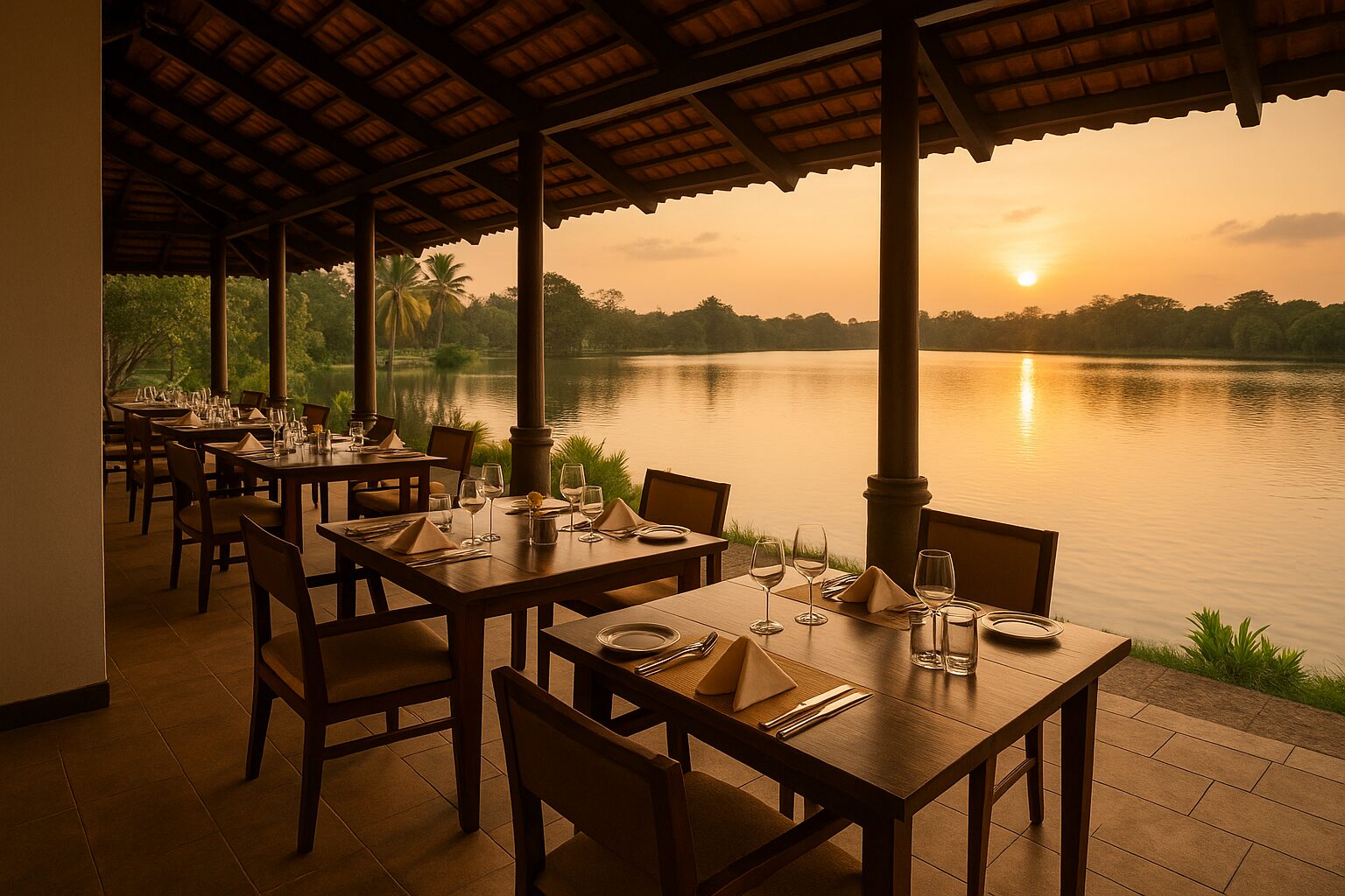A peaceful open air lakeside dining area at a luxury hotel in Anuradhapura during sunset, with neatly arranged tables and warm golden light reflecting on the water.