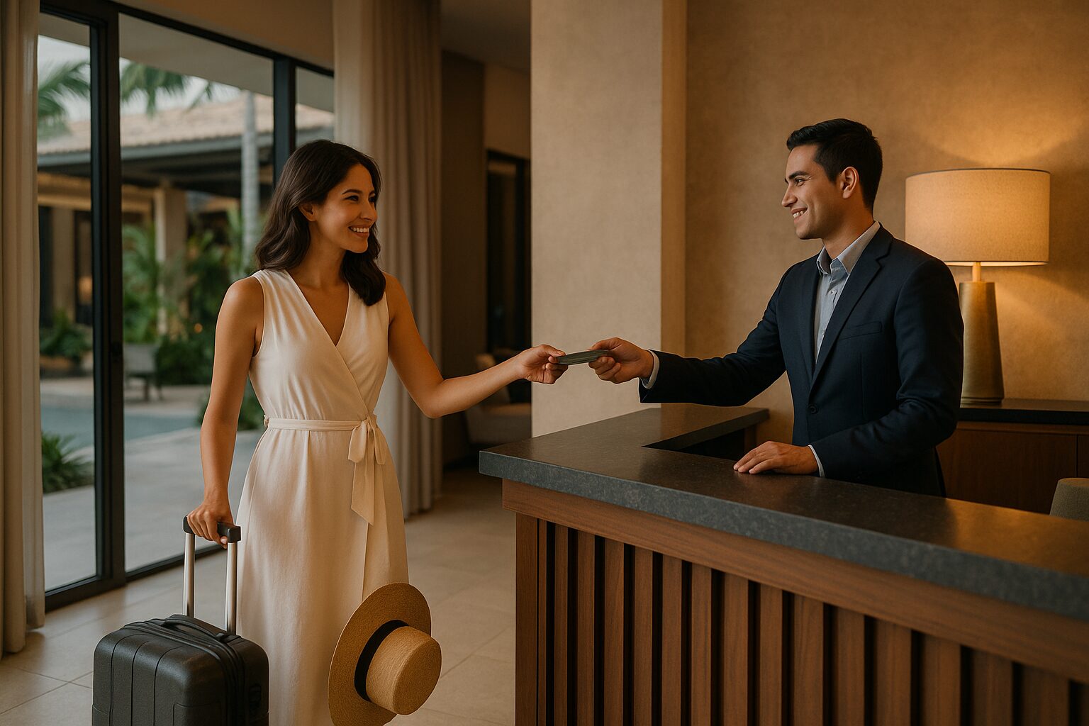 A stylish hotel lobby scene showing a traveler receiving a room key from a receptionist, symbolizing the process of choosing the right luxury hotel based on personal travel style.