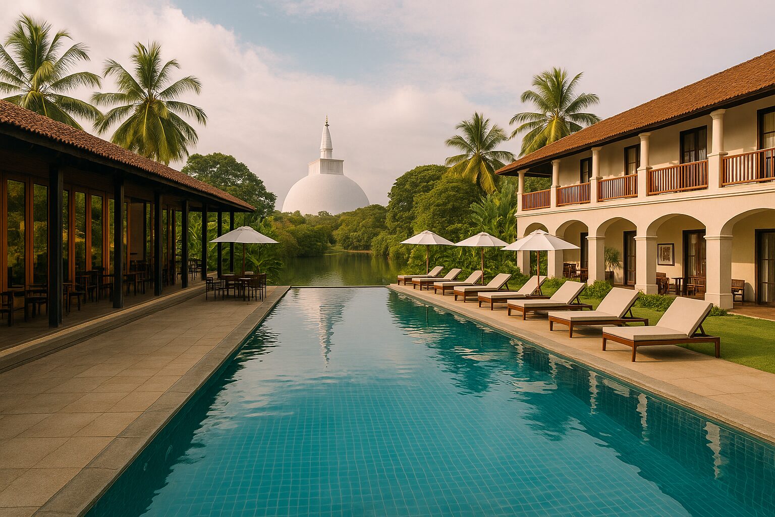 A luxurious poolside area at a high end hotel in Anuradhapura, featuring comfortable sun loungers, elegant architecture, palm trees, and a distant stupa rising above the calm water, reflecting the premium facilities and serene atmosphere.