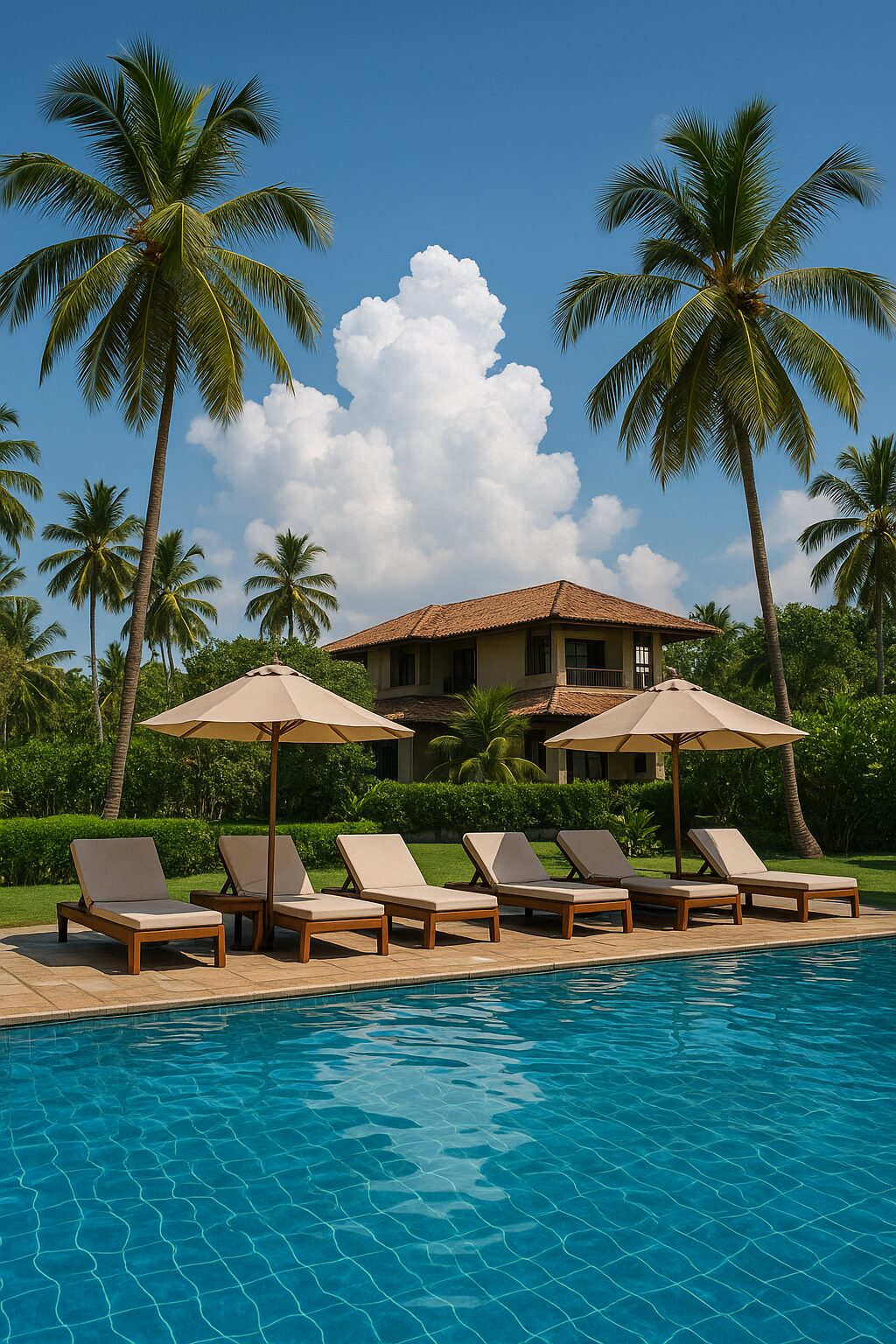 A tropical luxury hotel pool surrounded by palm trees under a bright blue sky with soft clouds, representing the warm and pleasant weather during the best times of year to visit Anuradhapura.