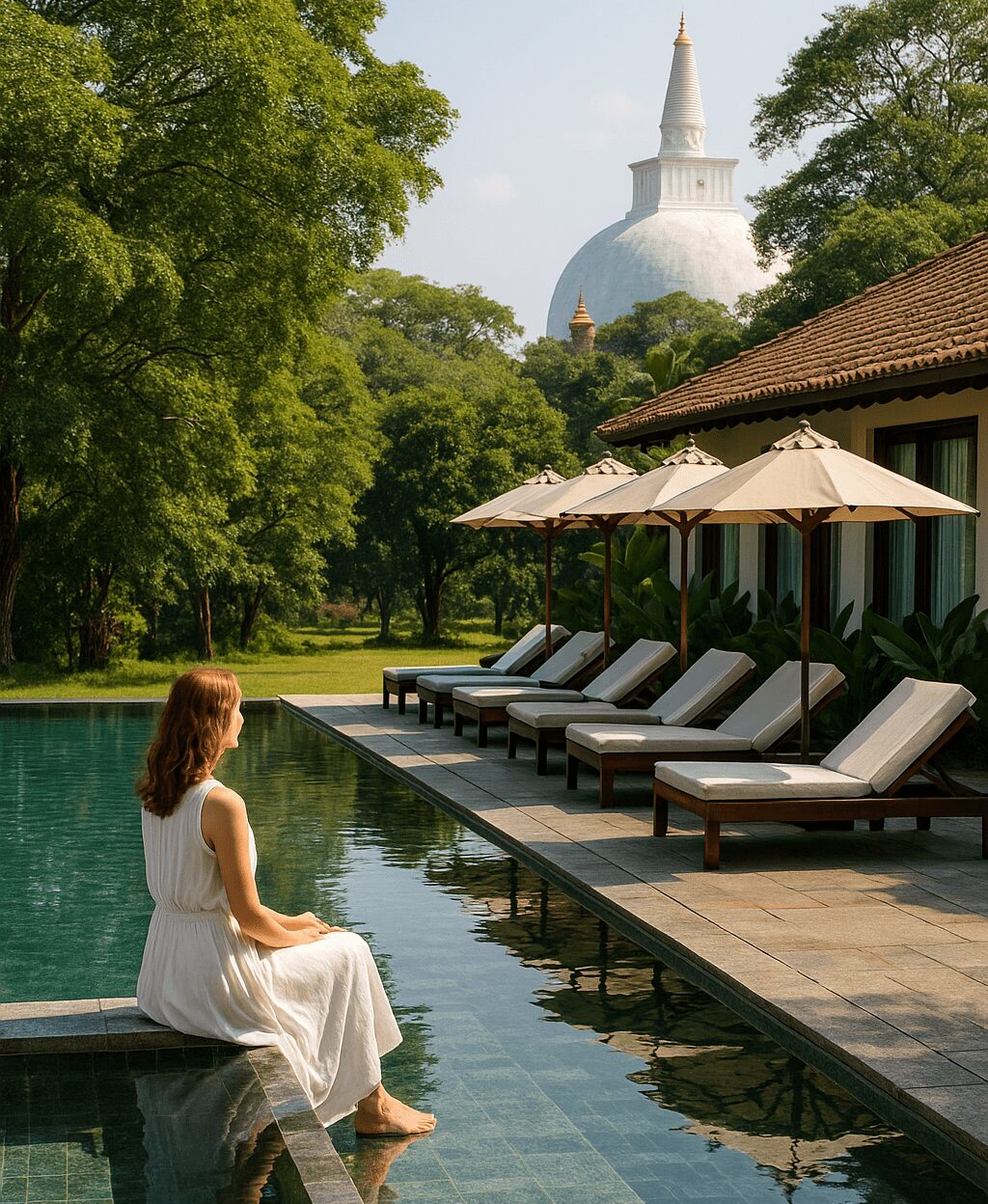 A woman sitting peacefully beside a luxury hotel pool in Anuradhapura, with a large white stupa rising above the trees in the distance, symbolizing the calm, cultural depth, and extended relaxation that come from staying longer in a high end hotel.