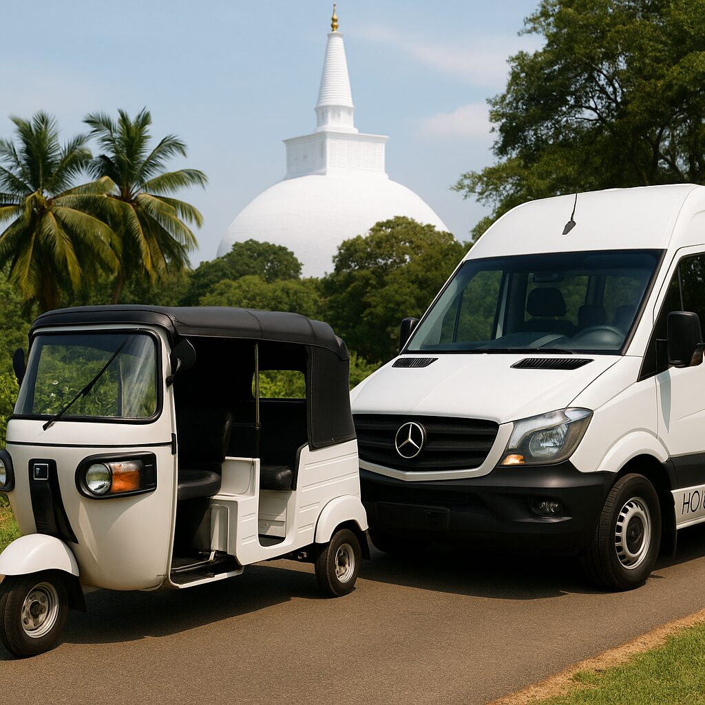 A white tuk tuk and a luxury hotel shuttle parked on a clean road with a large white stupa in the background, representing easy transportation and convenient access from luxury hotels to major sites in Anuradhapura.