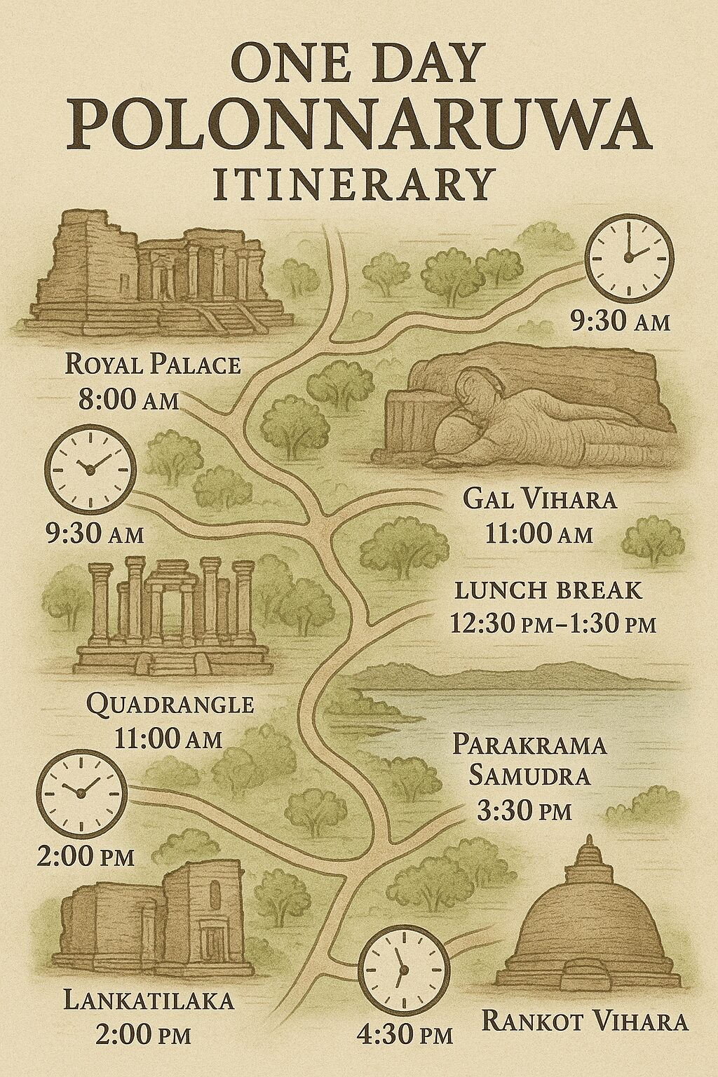 Watercolor-style illustrated map showing the one-day itinerary through Polonnaruwa Sri Lanka, highlighting major monuments and travel paths.