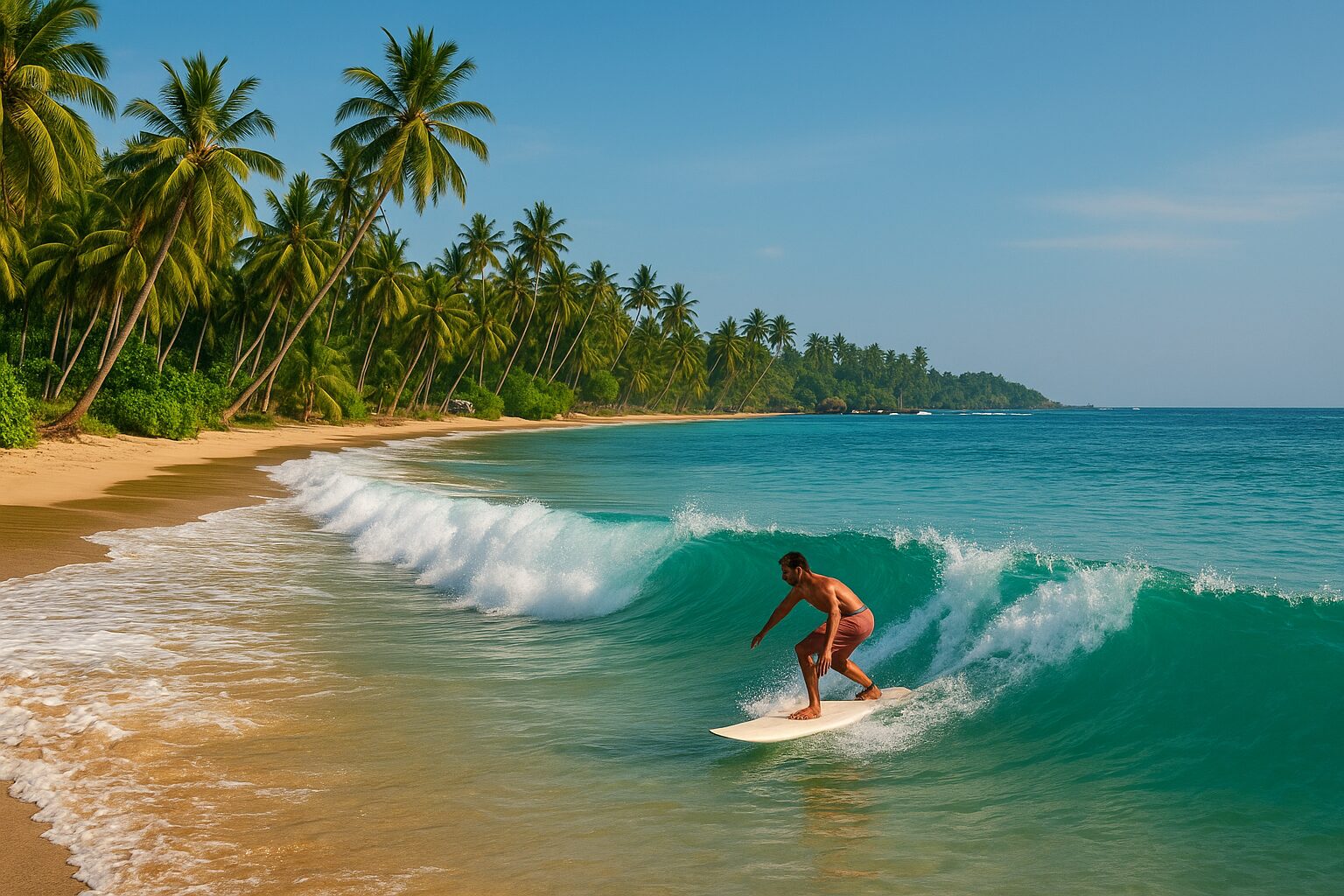 Surfers enjoying calm waves at Weligama Beach during the best time to visit Weligama.