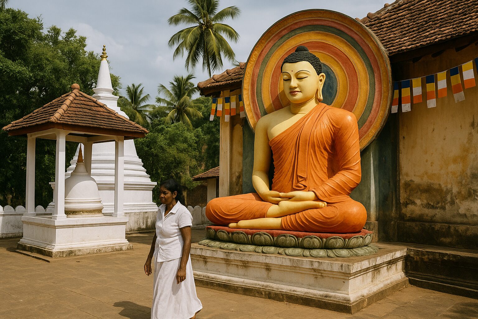 Buddhist monks near a temple in Weligama during the best time to visit Weligama for culture lovers.