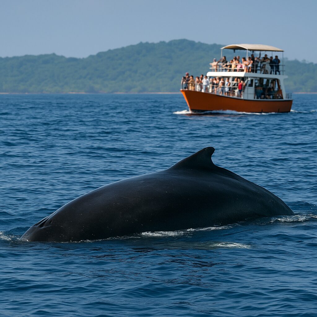 Blue whale tail near Weligama Bay captured during the best time to visit Weligama for whale watching.