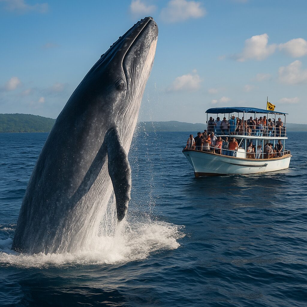 Blue whale diving at sunrise near Weligama during the best time to visit Weligama.