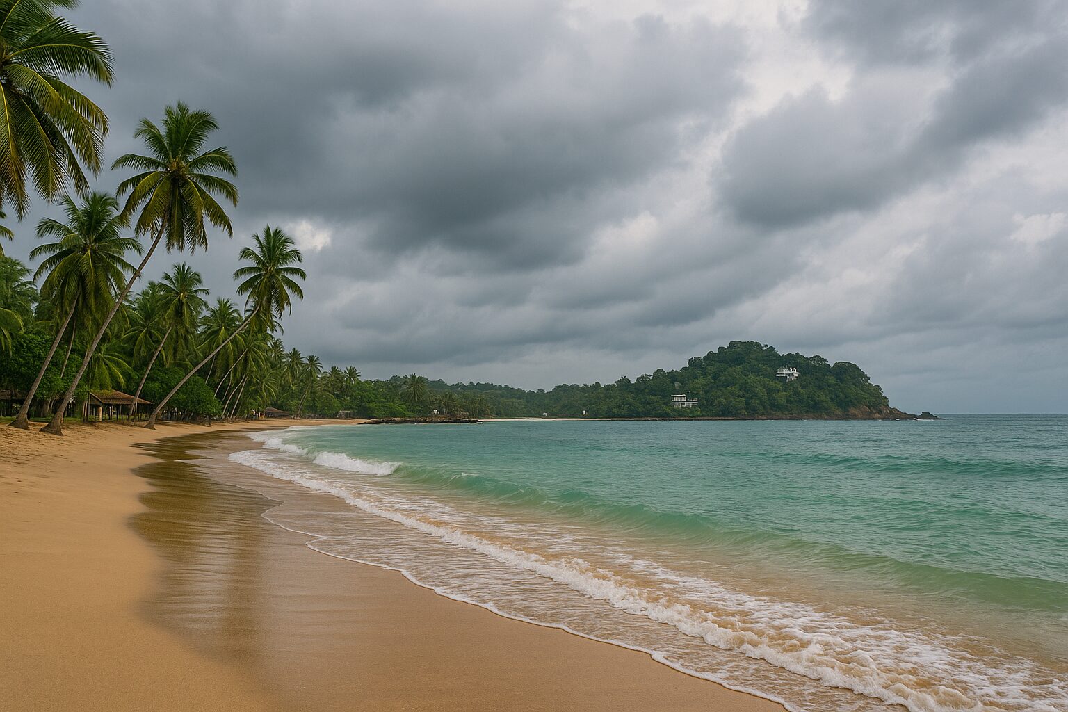 Calm beach at Weligama Bay during the best time to visit Weligama in October.