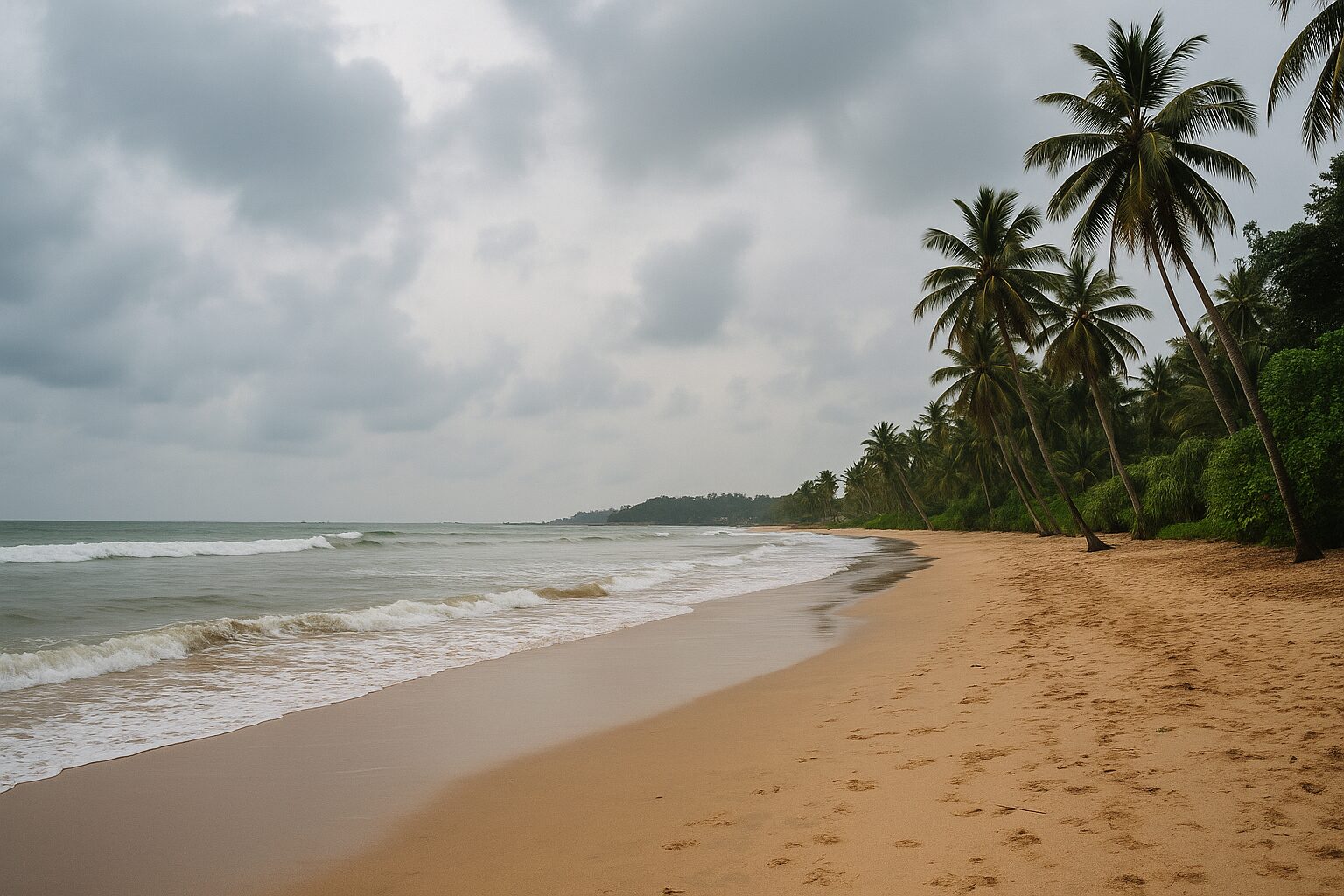 Cloudy Weligama Beach café scene representing the best time to visit Weligama on a budget.