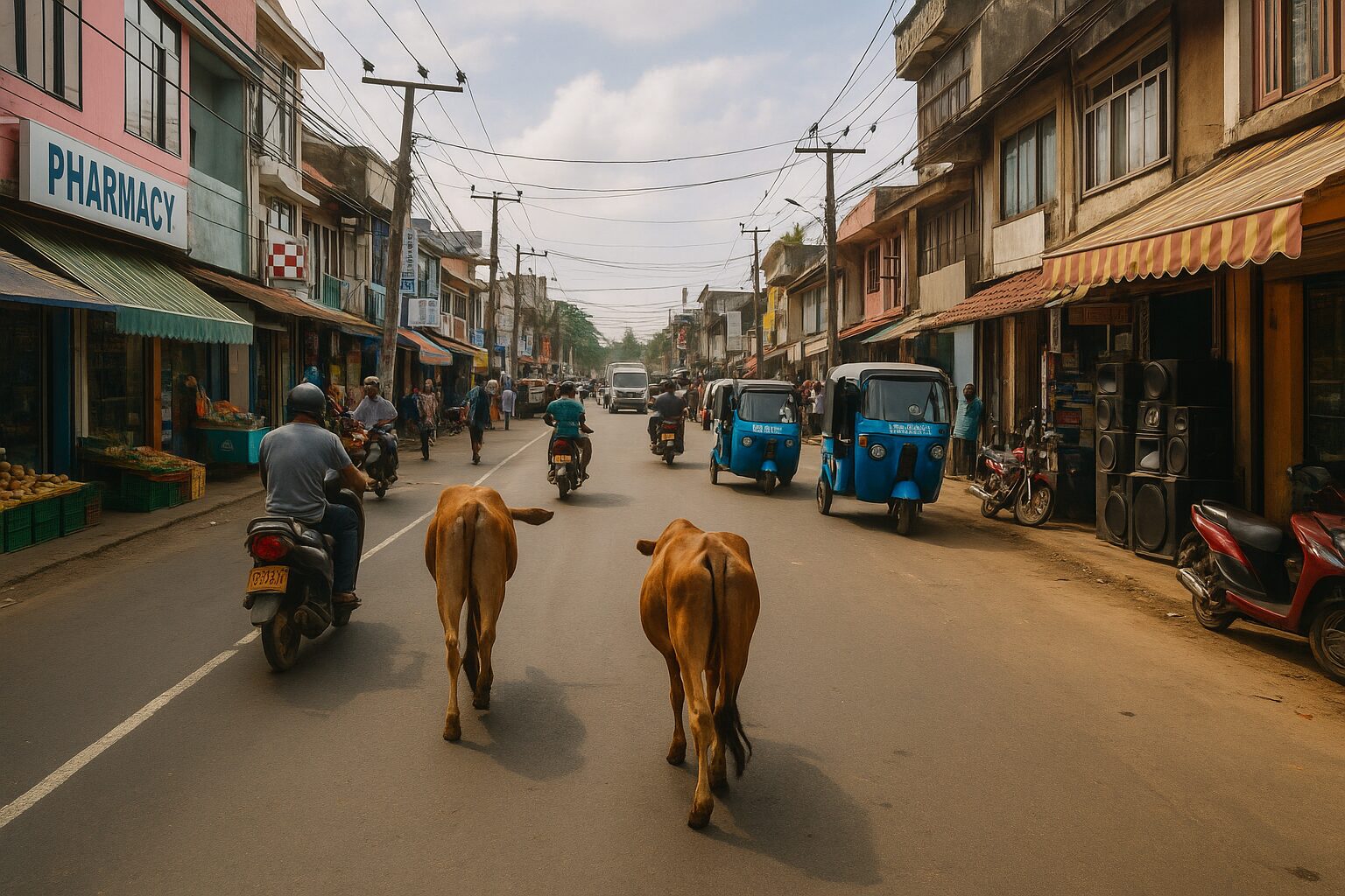 Evening streets in Weligama with surf shops and tuk-tuks during the best time to visit Weligama.