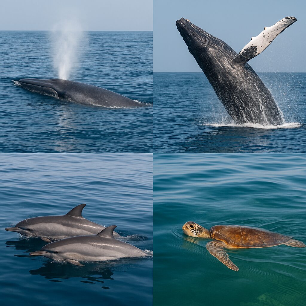 A high-resolution photo of marine life near Weligama, Sri Lanka, showing a blue whale, humpback whale, spinner dolphins, and sea turtle in calm tropical waters — perfect for illustrating whale watching Weligama and ocean wildlife experiences.