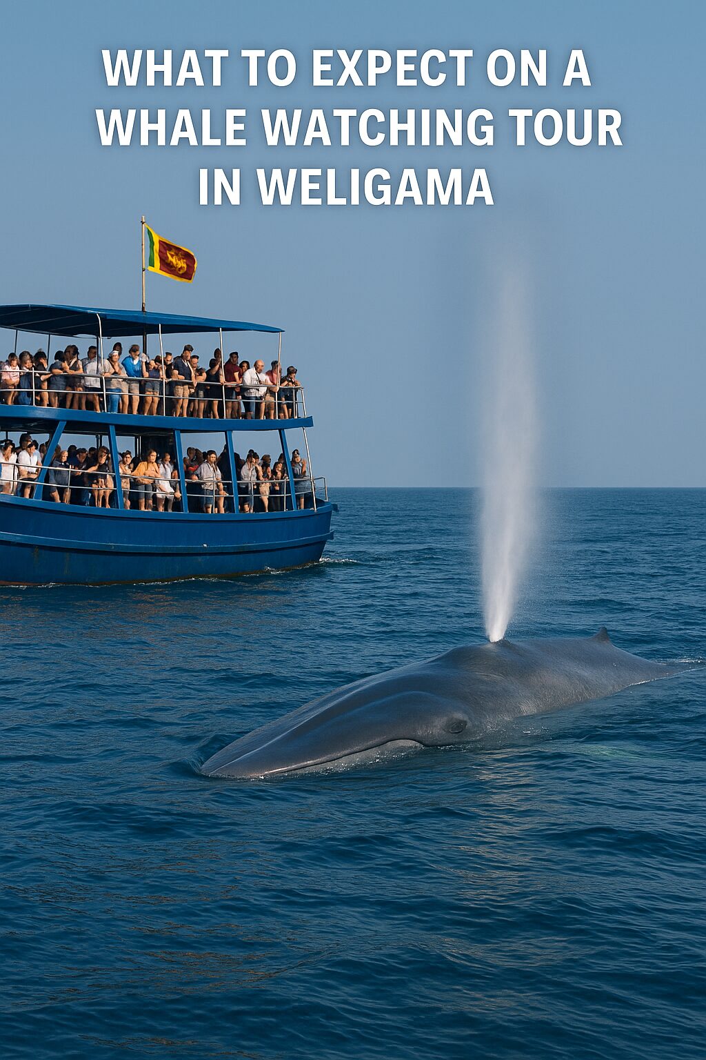Tourists aboard a whale-watching boat in Weligama, Sri Lanka, watch a blue whale surface and spray water under a clear tropical sky — capturing the excitement and beauty of whale watching in Weligama.