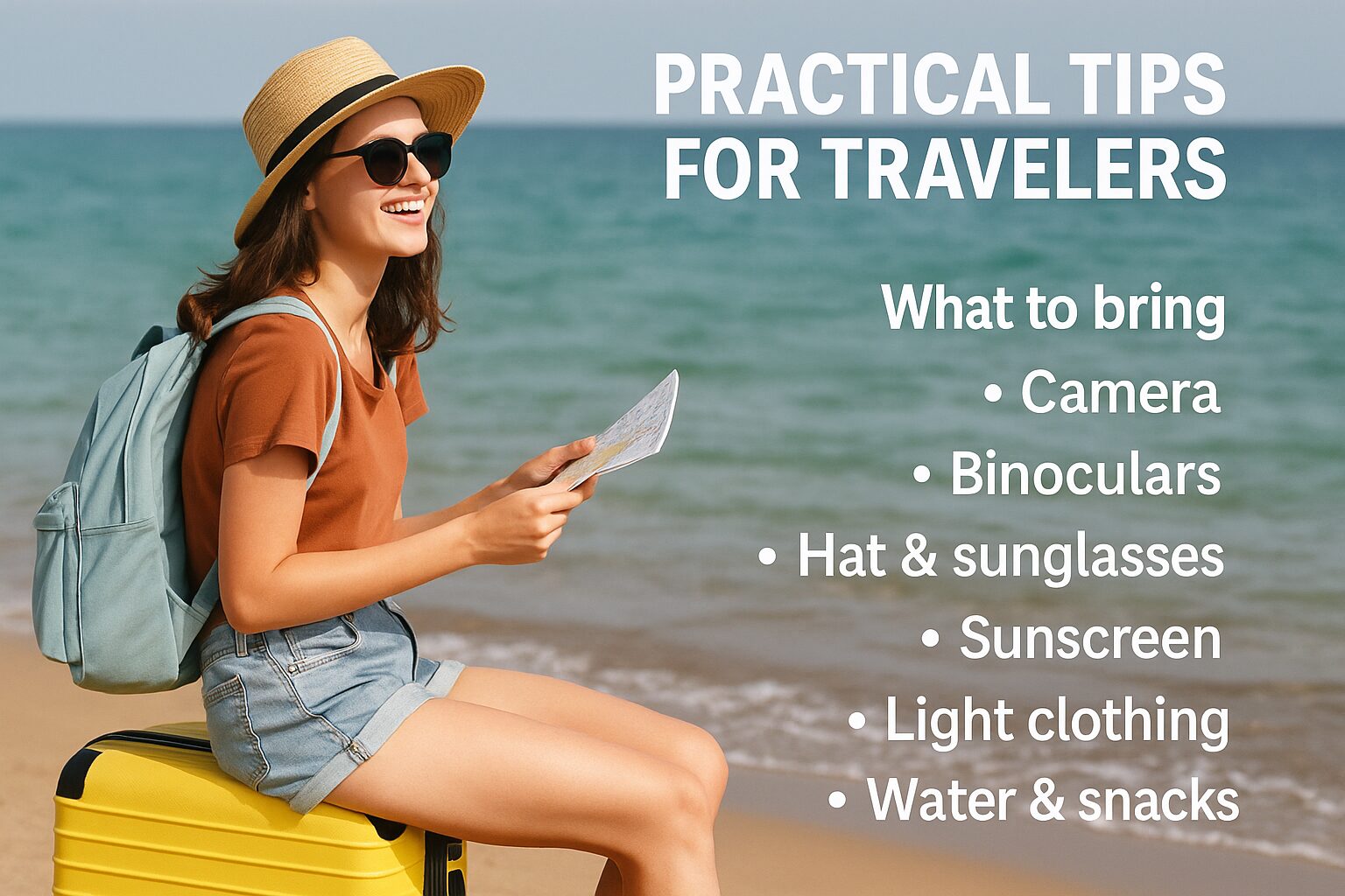 Traveler sitting by the beach in Weligama, Sri Lanka with a backpack, sunhat, and map — symbolizing what to bring for whale watching Weligama trips, including camera, sunscreen, hat, light clothing, and eco-friendly essentials.