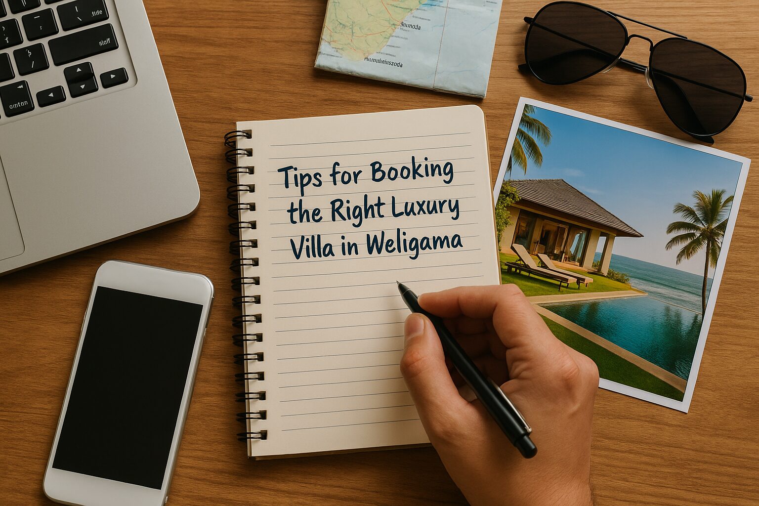 A traveler’s desk setup with a laptop, phone, sunglasses, map, and a notebook open for planning a trip to a luxury villa in Weligama, Sri Lanka, creating a warm, tropical planning atmosphere.