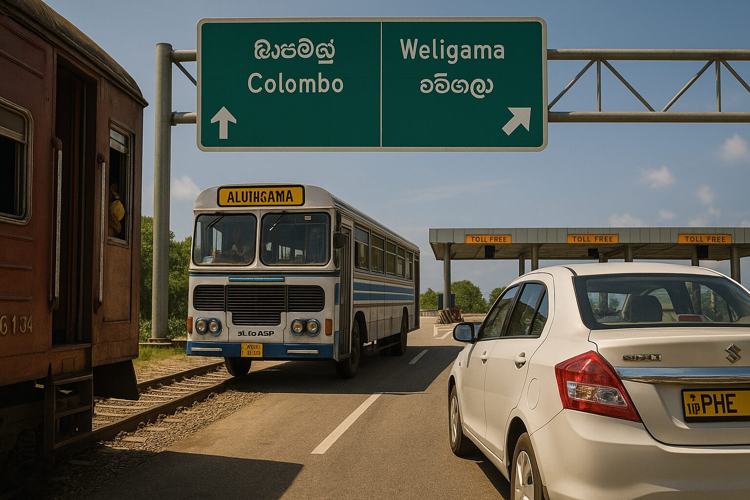 A realistic scene showing multiple transport options from Colombo to Weligama, including a red train, a blue bus, and a white car under a highway sign pointing toward both cities on a sunny day.