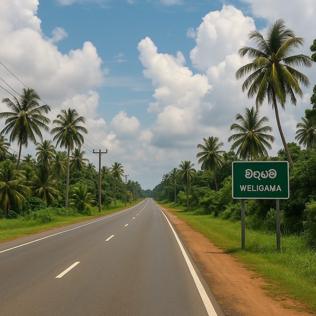A smooth tropical highway lined with palm trees and a Weligama road sign under partly cloudy skies, showing ideal weather and road conditions for travel from Colombo.