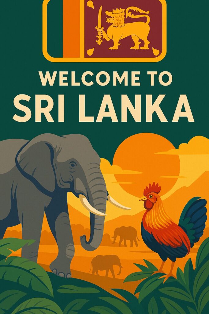 Colorful vertical illustration of Sri Lanka featuring the national flag, an elephant in the foreground, sunset mountains, and a Sri Lankan junglefowl in lush green plants.