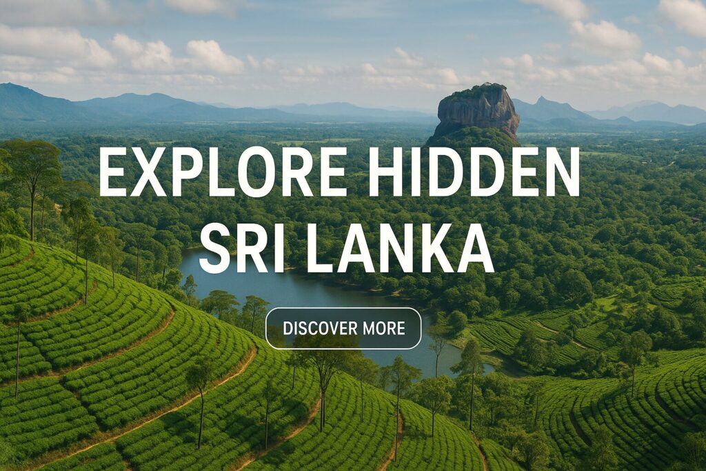 Aerial view of Sigiriya Rock rising above lush green tea plantations and forest landscape in Sri Lanka