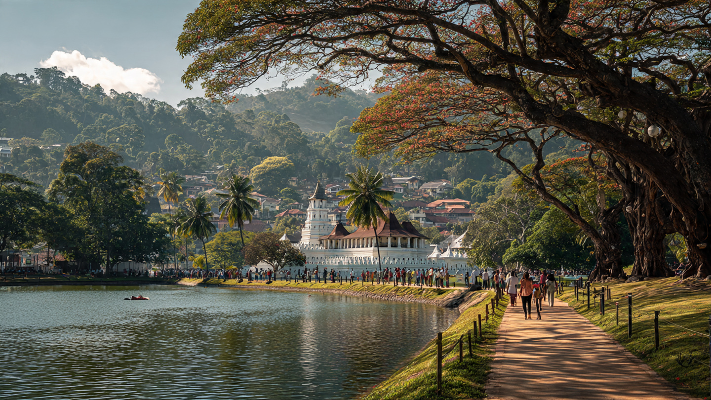 Kandy travel guide for first-time visitors showing walking paths around Kandy Lake, cultural landmarks, city viewpoints, and surrounding hills
