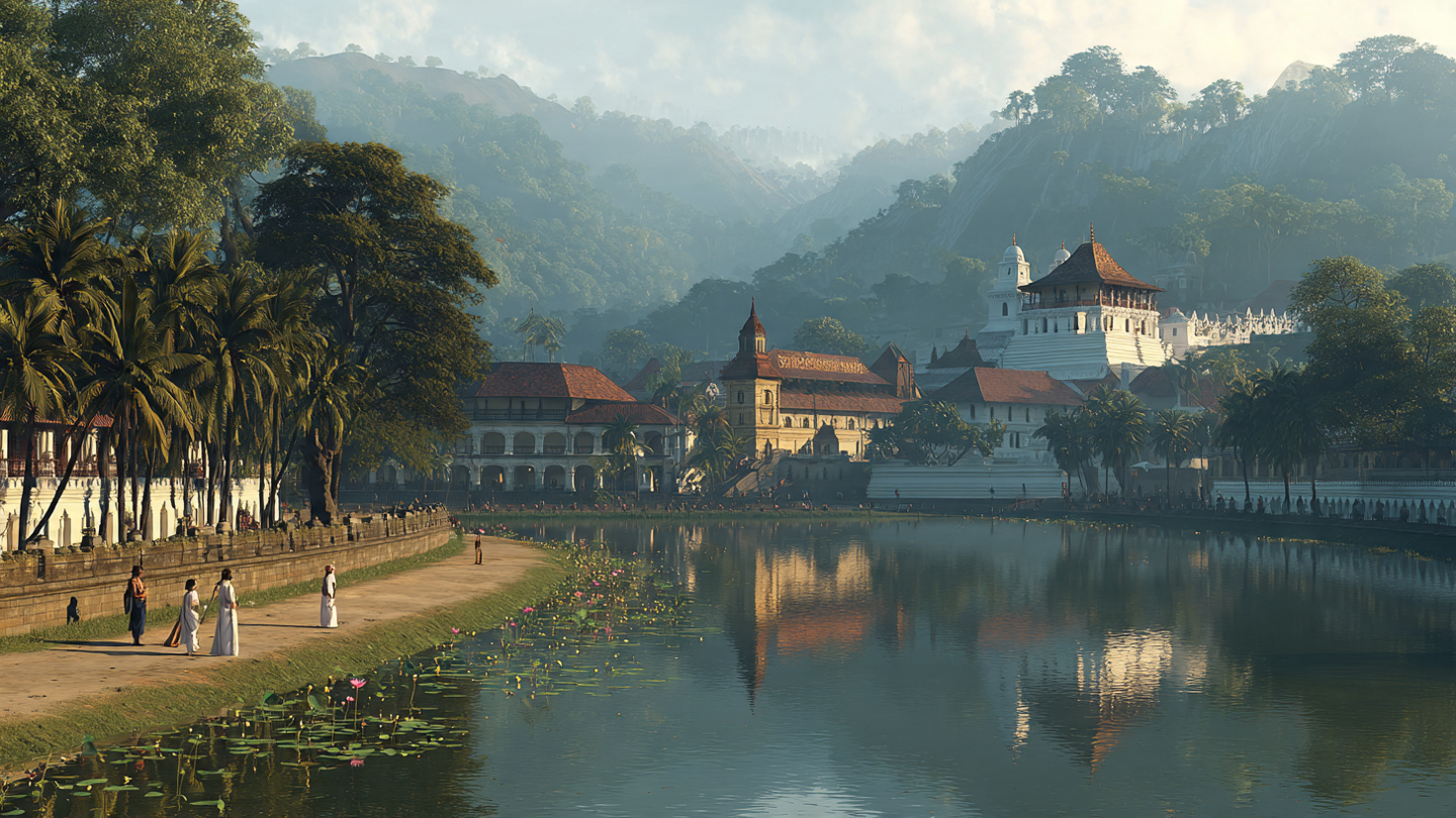 Kandy travel guide cultural view showing the Temple of the Sacred Tooth Relic, local devotees, Kandy Lake, and historic hill country setting in Sri Lanka