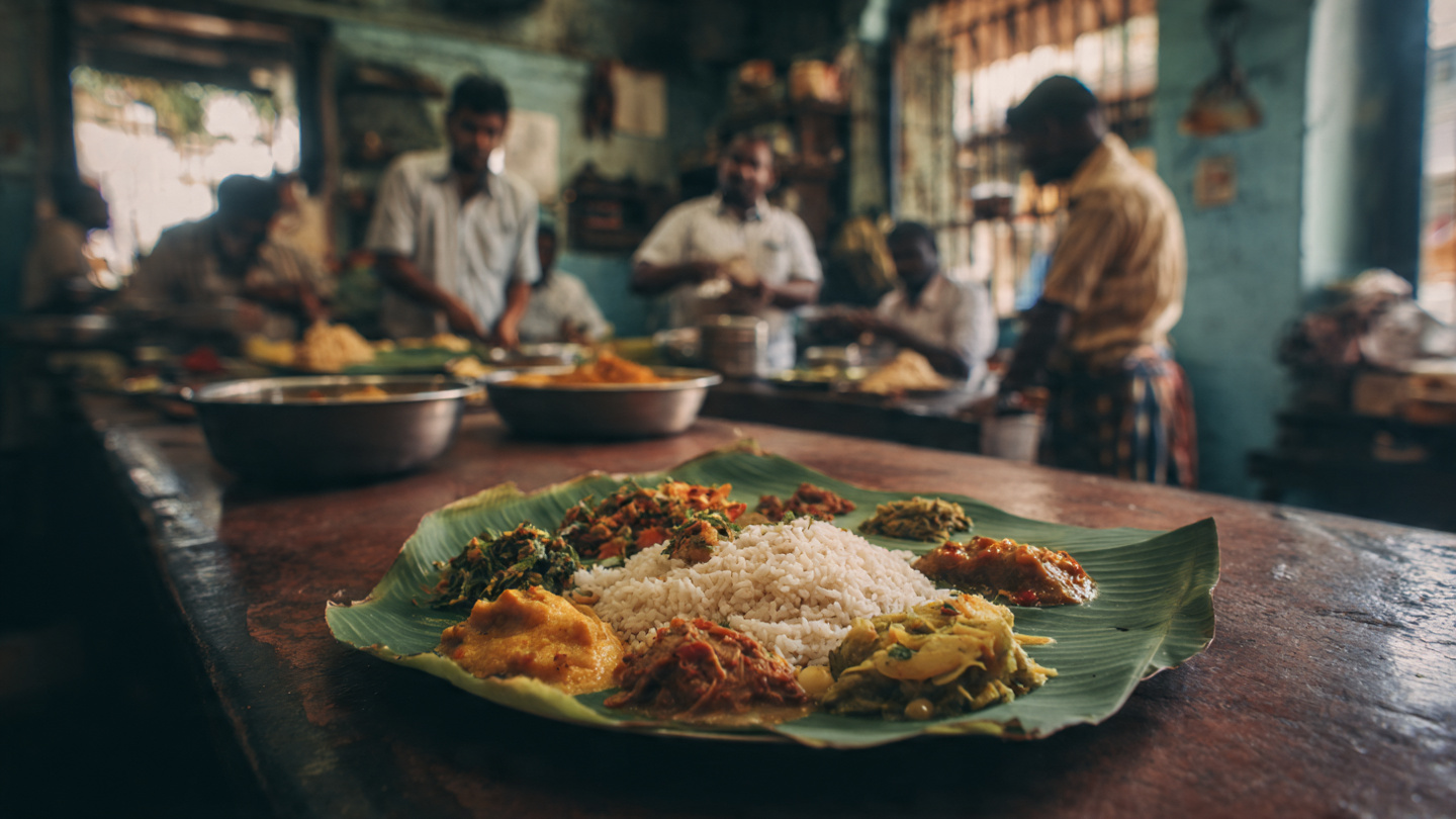 Kandy travel guide food experience showing traditional Sri Lankan rice and curry at a local eatery and everyday dining culture in Kandy