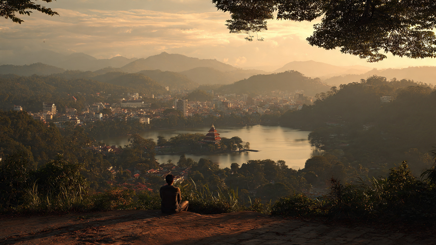 Kandy travel guide reflection view showing a quiet viewpoint above Kandy Lake and the temple at golden hour, capturing calm and meaningful travel