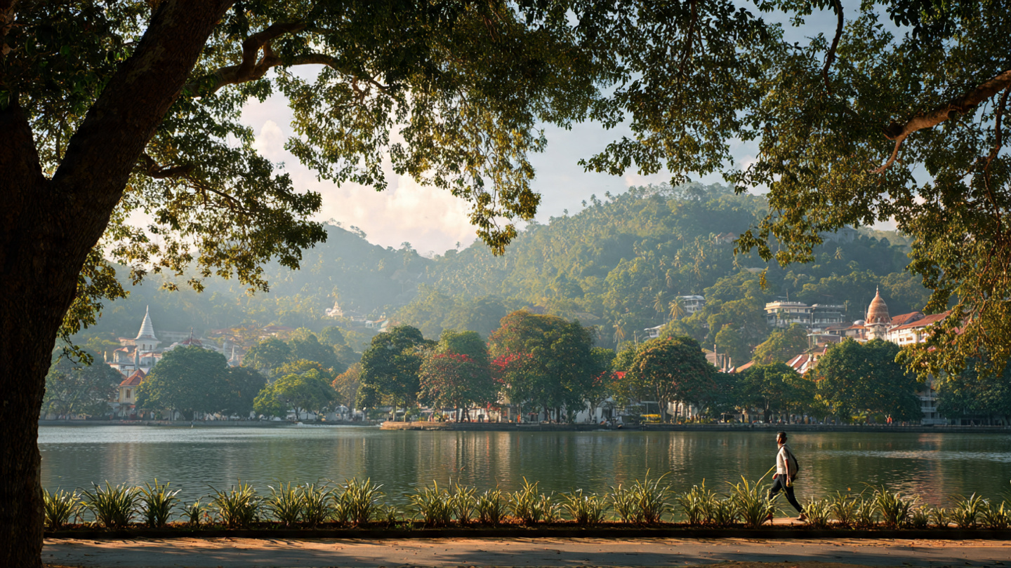 Kandy travel guide itinerary view showing morning walks by Kandy Lake, cultural exploration in the city, and slow hill country experiences