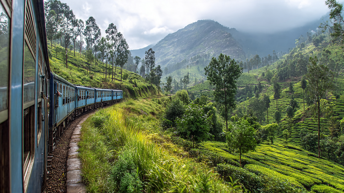 Scenic view of the train from Kandy to Ella traveling through Sri Lanka’s hill-country mountains and tea plantations, showing the beauty of the Kandy to Ella train journey and the iconic Sri Lanka scenic railway route.